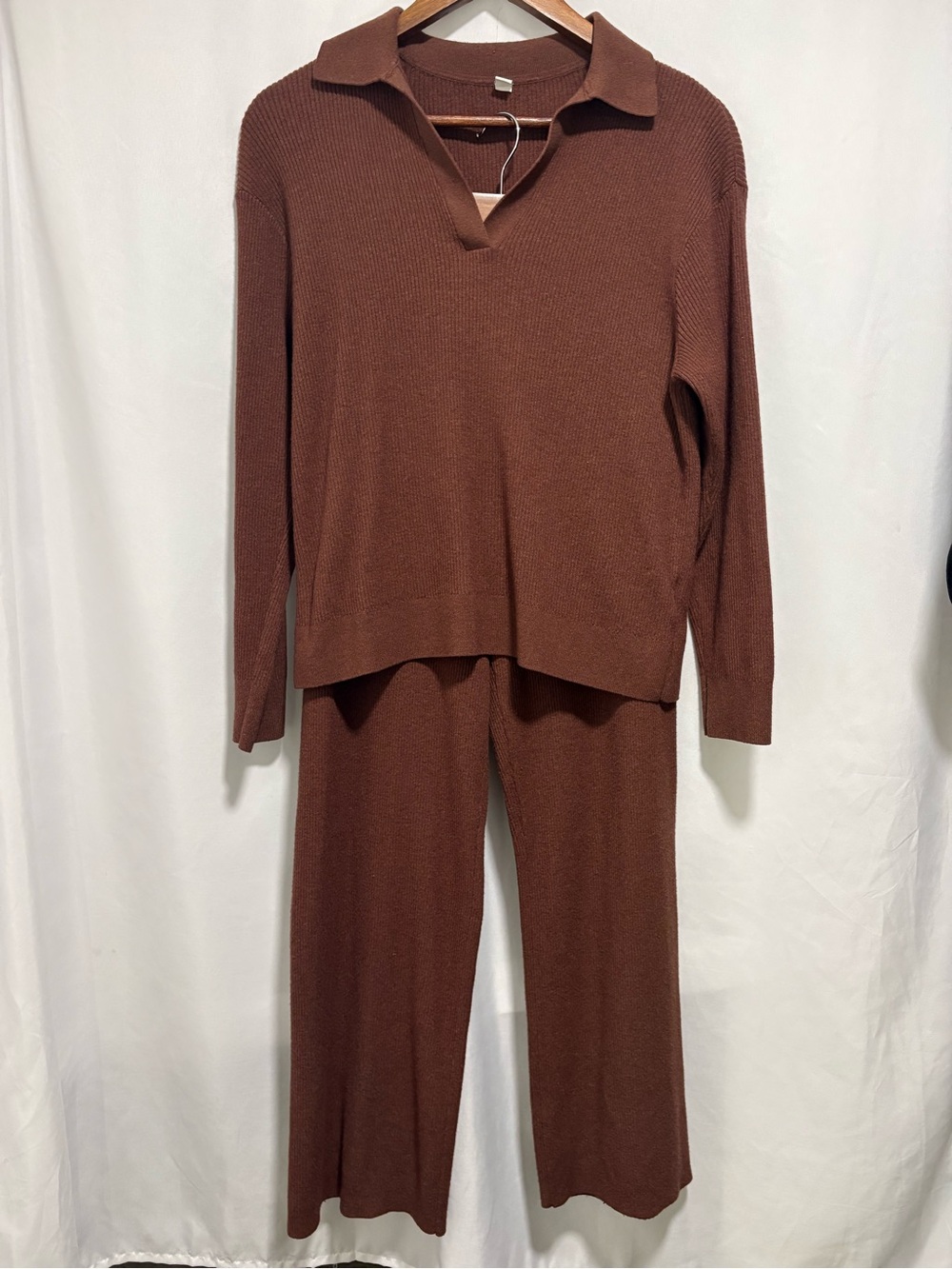 UNIQLO Knit Ribbed Loungewear Set Brown Polo Sweater Wide Leg Pants Size Large - Picture 4 of 6